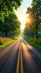 Obraz premium Scenic Country Road Sunny Asphalt Drive through Lush Green Trees and Wildflowers