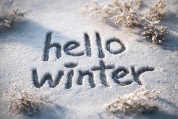 Written in the snow reads hello winter nature frosty text.
