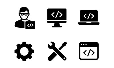 Minimalist coding and development icons set featuring computers and tools