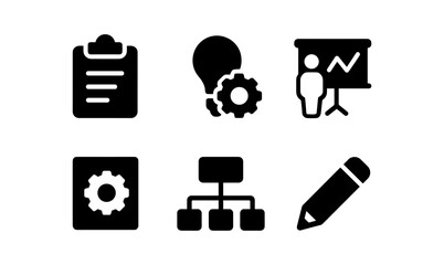 Business icon set featuring management, planning, and creativity symbols in silhouette style