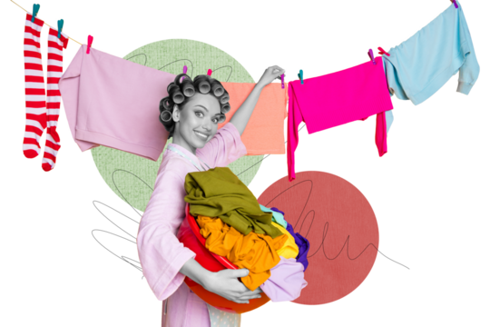 Composite photo collage of happy housewife curlier hairdo do laundry day wash hold clothes basin duties isolated on painted background