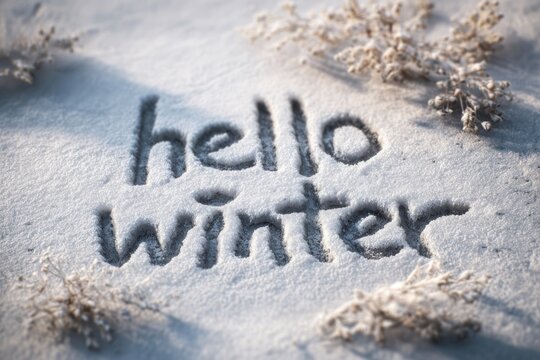 Written in the snow reads hello winter nature frosty text.