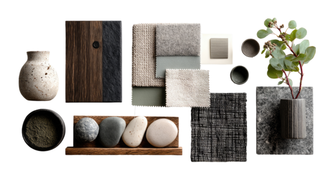 Muted tones, natural textures,  design samples