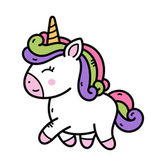 Colorful Unicorn Cartoon Illustration on Transparent Background Whimsical Doodle Style with Pink Hooves Green Mane and Closed Eyes