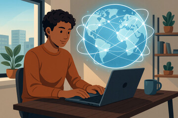 Person working on a laptop with a glowing globe network overlay computer desk