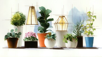 Indoor plant sketches showcasing a variety of designs with elegant shapes, vibrant colors, and balanced compositions in a contemporary setting