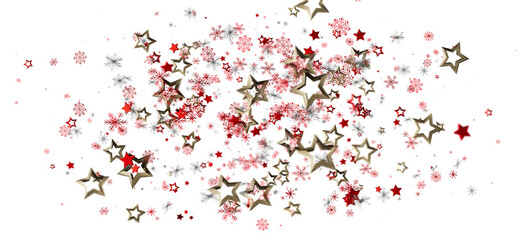 Elegant Christmas background of gold stars, red stars, and snowflakes on a white background. Festive, joyful, and ideal for seasonal designs.
