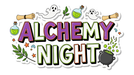 Fototapeta premium Alchemy Night: A whimsical invitation for Alchemy Night, adorned with a bubbling cauldron, potion bottles, playful ghosts, and magical scrolls. A visual symphony of enchantment.