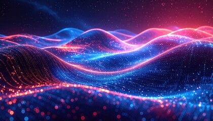 A mesmerizing display of glowing, undulating patterns formed by interconnected points of light, in vibrant hues of red and blue, creates a dynamic and abstract visual composition.