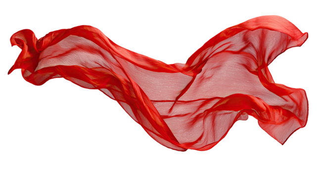 Red fabric drapes in a flowing, elegant pose