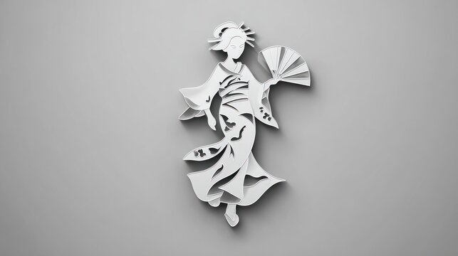 Elegant geisha silhouette with fan in white paper art on gray background