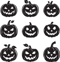 Obraz premium Jack-o'-lantern icon set with nine unique carved pumpkin faces in black Halloween silhouette style