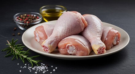 Fresh Chicken Drumsticks on a Plate with Rosemary and Spices.