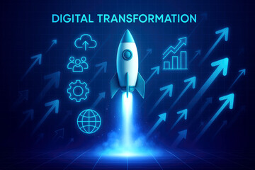 Rocket launching with digital transformation icons and upward arrows technology innovation