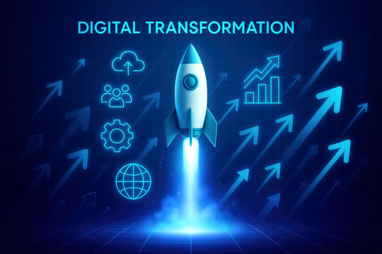 Rocket launching with digital transformation icons and upward arrows technology innovation