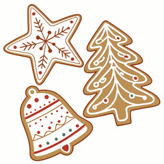 Festive christmas gingerbread cookies shaped like a star a christmas tree and a bell decorated with icing and sprinkles isolated on white background