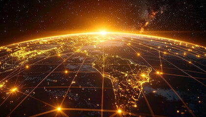 Depicting Earth from space at night, the illuminated continents are connected by glowing lines, showcasing a global network, with golden light radiating in a celestial scene, evoking technology and...