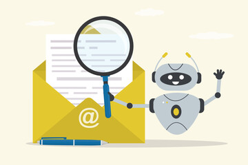 Funny cyborg or chat bot uses magnifying glass and searching file in yellow folder. Automatic database indexing, robot doing fast unzipping. Quick easy search system for files