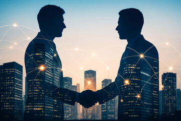 Silhouettes of two businessmen shaking hands with a network of glowing connections overlaying a cityscape at dusk
