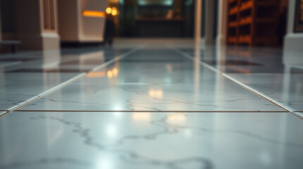 Obraz premium Luxury White Marble Floor in Elegant Hotel Lobby with Glossy Reflection and Low Angle Perspective