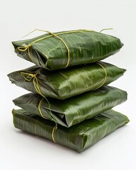 Tamales in Plantain Leaf: A stack of delicious tamales wrapped with plantain leaves, representing a traditional, savory food, prepared with fresh ingredients.