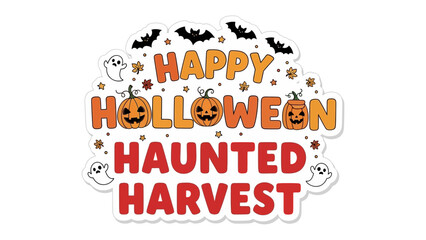 Spooky Harvest Celebration: Festive Halloween message featuring pumpkins, bats and ghosts. It is ideal for expressing joy during the spooky season. 