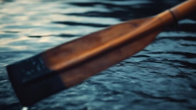 Paddle dipping into water surface creating ripples and reflections