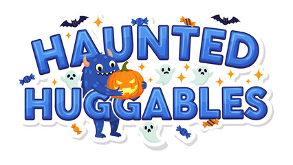 Haunted Huggables Halloween Illustration: A spooky and sweet illustration of friendly monsters, ghosts and a pumpkin, set against a festive, celebratory scene.