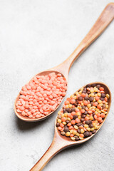 Colorful lentils in wooden spoons, showcasing vibrant hues of pink, orange, and brown, arranged on a textured gray surface, highlighting natural food ingredients and culinary diversity