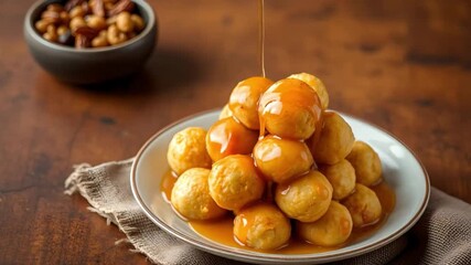A golden stack of sweet fried balls glistens under a drizzle of warm syrup. This indulgent dessert combines crisp texture with irresistible caramel sweetness.
