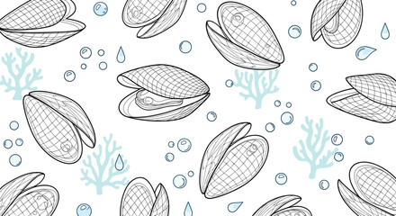 Seamless pattern of mussels and seaweed on a white background.
