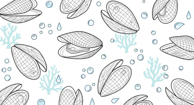 Seamless pattern of mussels and seaweed on a white background.