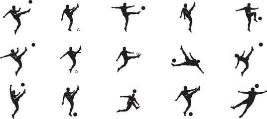Fototapeta premium Collection of soccer player silhouettes in dynamic action poses capturing the excitement of the game and sportsmanship vector