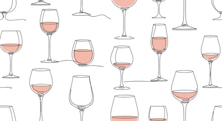 A pattern of various wine glasses filled with rosé wine.