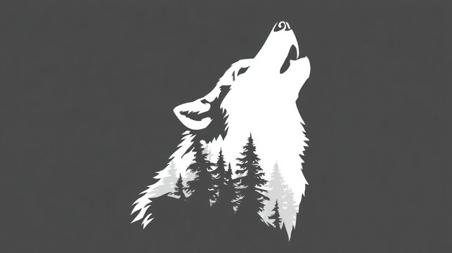 Silhouette of howling wolf with pine trees on dark background