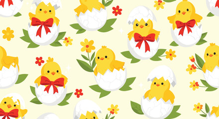 Cute yellow chicks hatching from eggs with red bows and flowers