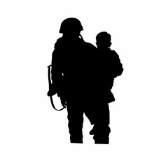 Silhouette of a firefighter rescuing a child from smoke filled building isolated on white background