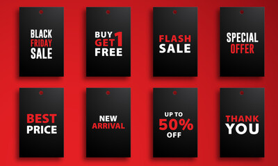 Black price tag labels set on isolated red background. Black Friday Sale, Special Offer, Flash Sale, Buy 1 get 1 Free, 50 percent discount off, Best Price, Thank You, New Arrival rectangle tag