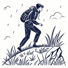 A determined young man with a backpack climbs a rocky hill in the rain symbolizing adventure and perseverance