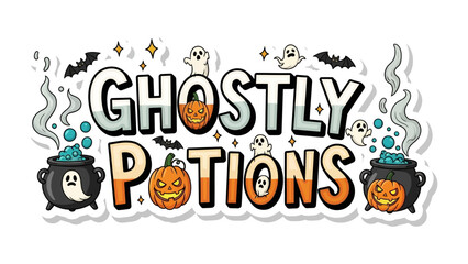 Ghostly Potions: A whimsically spooky composition featuring bubbling cauldrons, floating spectral figures, and festive pumpkin elements, creating a captivating scene for Halloween.