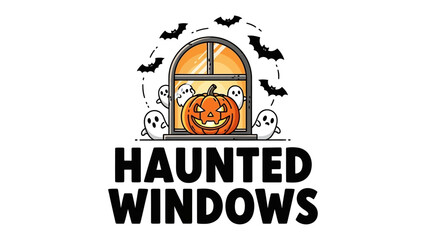 Haunted Windows: A spooky scene with a carved pumpkin and friendly ghosts peeking through a window on Halloween night, surrounded by fluttering bats, evokes the playful and eerie atmosphere.