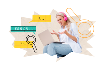 Artwork 3d collage of young irritated business woman search information wtf problem trouble error modern technology