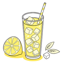 Refreshing yellow lemonade drink with ice cubes a lemon slice mint leaves and a striped straw in a tall glass on a white background