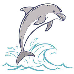 Fototapeta premium A playful cartoon dolphin leaps joyfully out of stylized blue ocean waves showcasing its sleek gray body and happy expression against a clean white background
