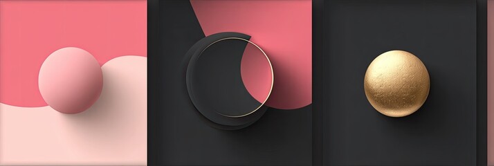 Three abstract compositions feature spheres and geometric shapes with a modern color palette