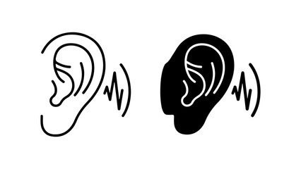 Human Ear Hearing Sound Wave Black and White Icon Set