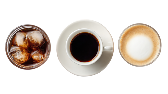 Three coffee drinks, iced coffee, black coffee, latte