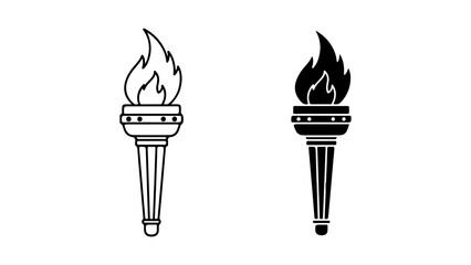 Stylized Torch Icons: Outline and Solid Black Flame Designs