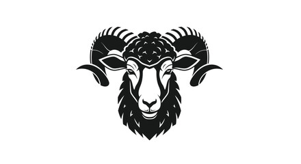 Black and white ram head with large curled horns sheep
