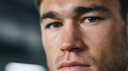 Fototapeta premium A close-up portrait of a young man showcasing his intense gaze and strong features. Ideal for themes of determination and focus.